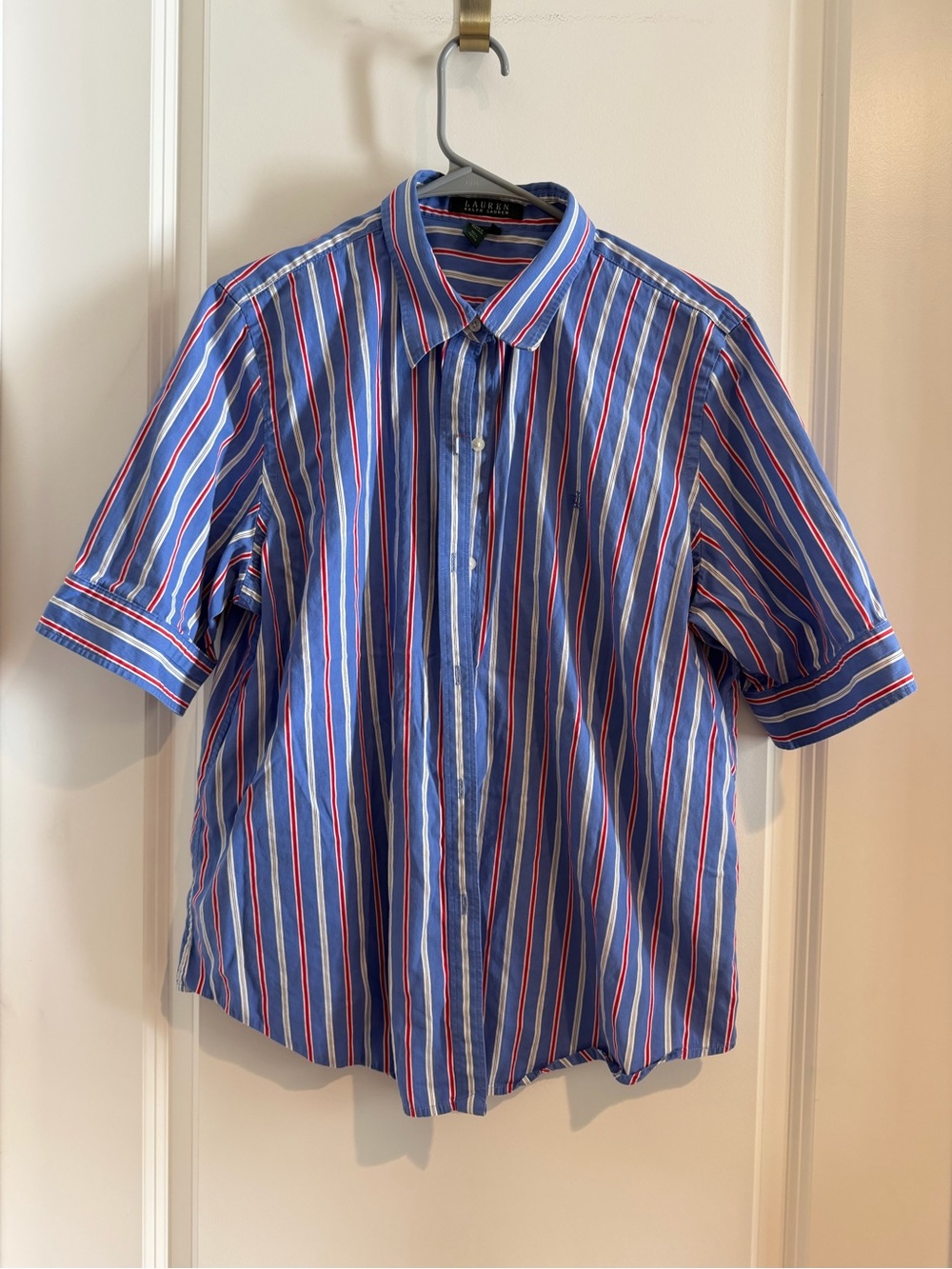 Lauren Ralph Lauren Blue Short-Sleeve Button-Down Shirt with Red & White Stripes